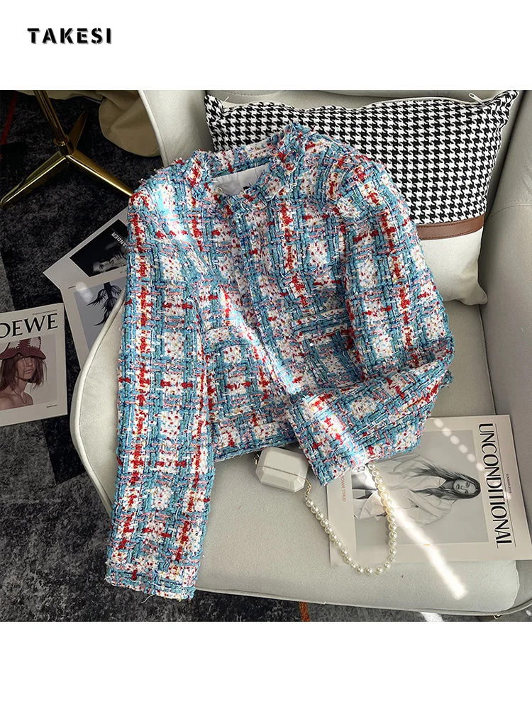

Korean Female Mixed Color Tweed Jacket Coat Women Fashion Vintage Pocket Coats Cropped Stripeed Kawaii Office Lady Outerwear