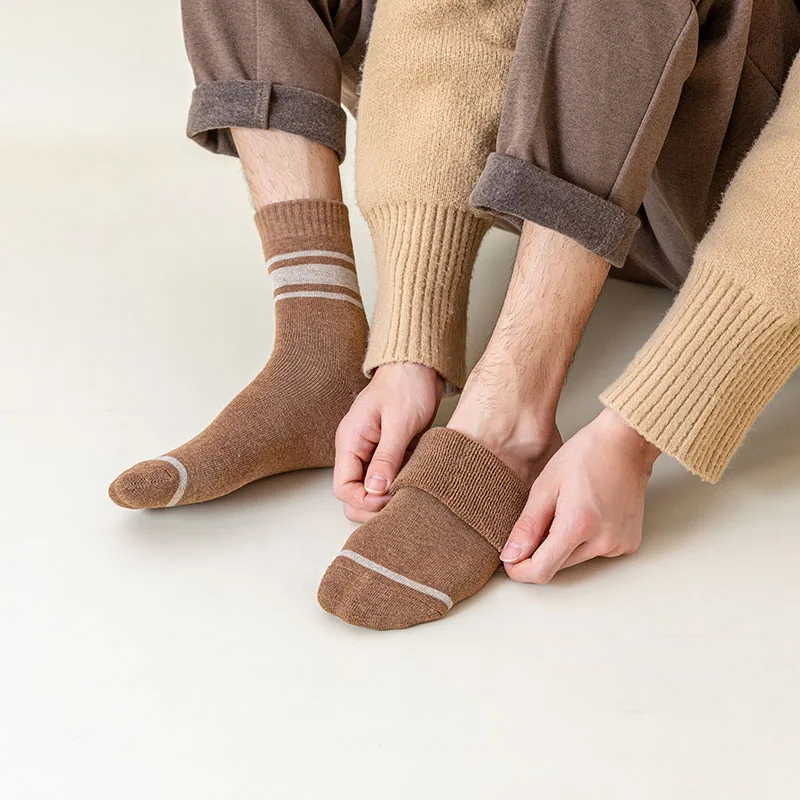 Men's Cotton Socks Winter Warm Socks Striped Fashion Casual Thick Harajuku Retro Terry Man Long Socks 5 Pair