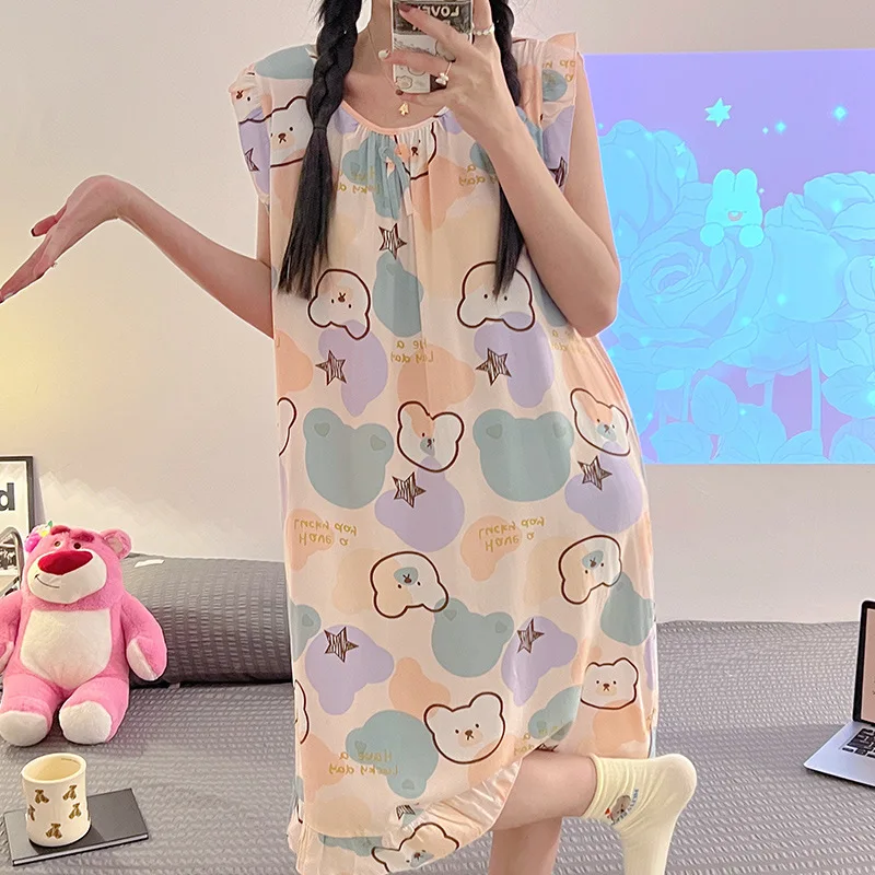 Summer Girls' Vest Style Dress Pajamas Round-Neck Sleeveless Floral Print Nightgowns One Size 100% Viscose Comfortable Vestidos