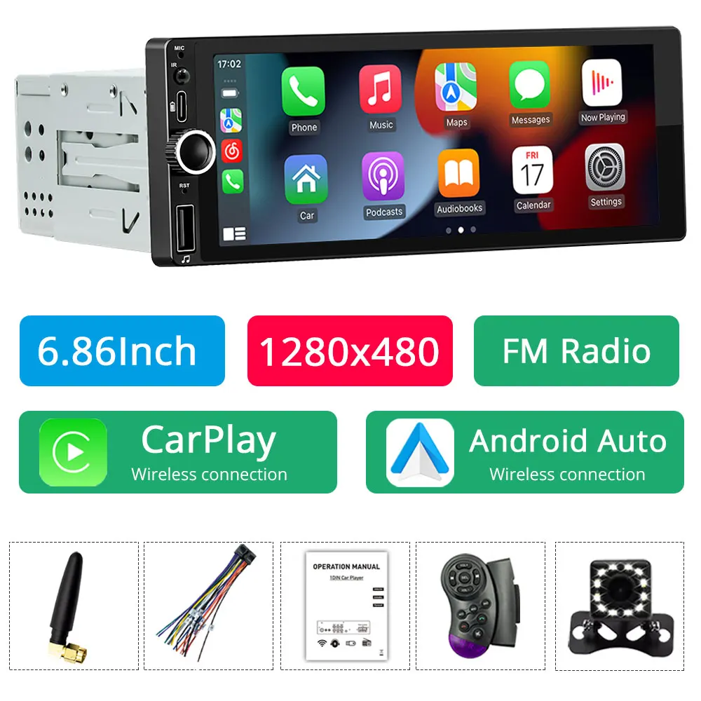 

1DIN 6,86-дюймовый беспроводной Carplay Android Auto автомобильный радиоприемник Bluetooth мультимедийный видео MP5-плеер с поддержкой USB камеры заднего вида