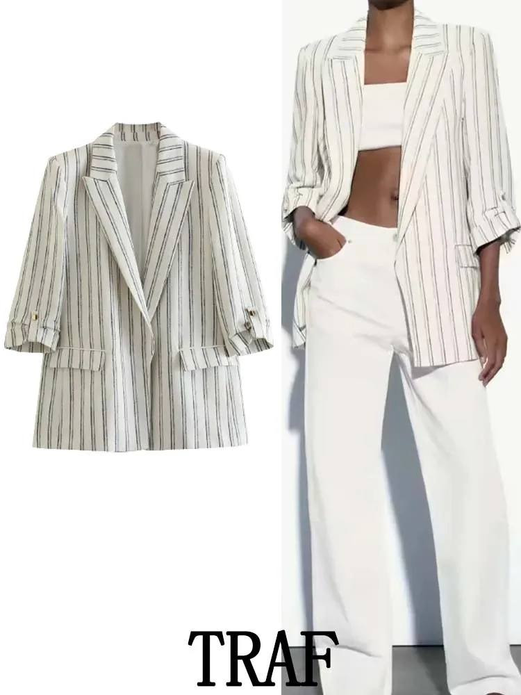 

Женский полосатый прямой блейзер с длинным рукавом и карманами