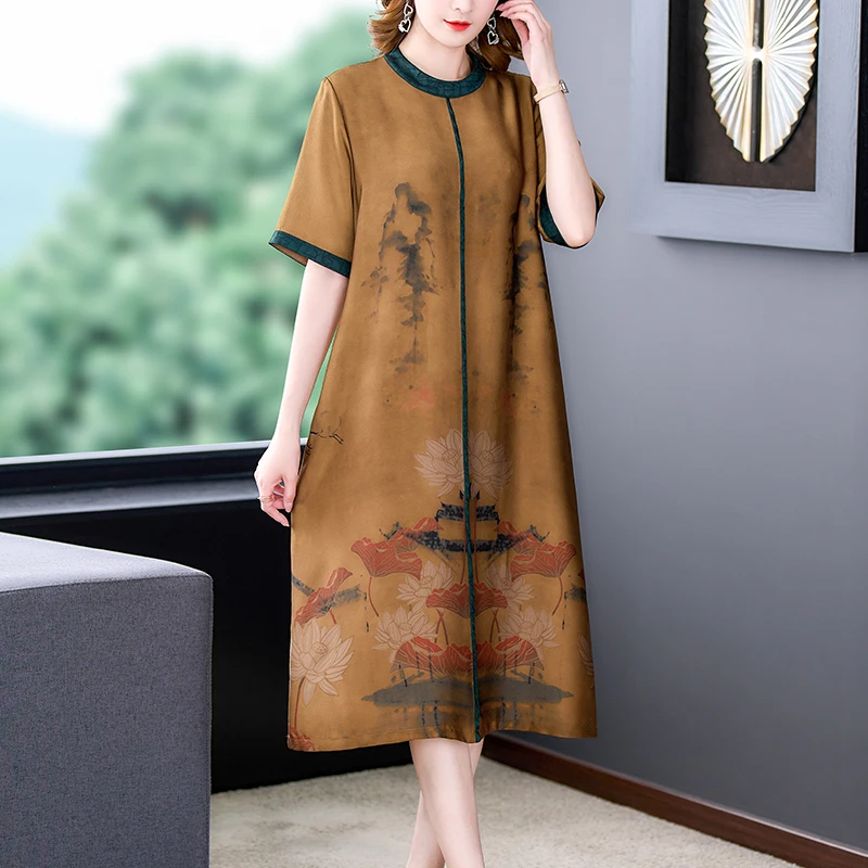 

2022 High-end Retro Dress For Female Summer New Mulberry Silk Loose Fashion Printing Casual Comfortable Knee Length Skirt