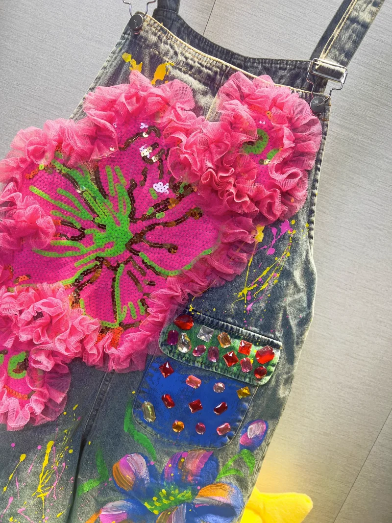 European Goods 2023 New Fashion Heavy Embroidery Sequins Flower Denim Suspender Pants Women's Design Loose Wide-Leg Pants Summer