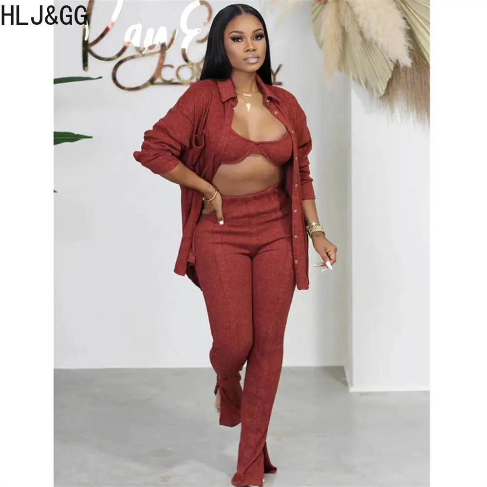 

HLJ&GG Fall Winter Ribber 3 Piece Sets Women Outfits Casual Solid Bra + Button Long Sleeve Coat + Pants Tracksuits Sport Suits