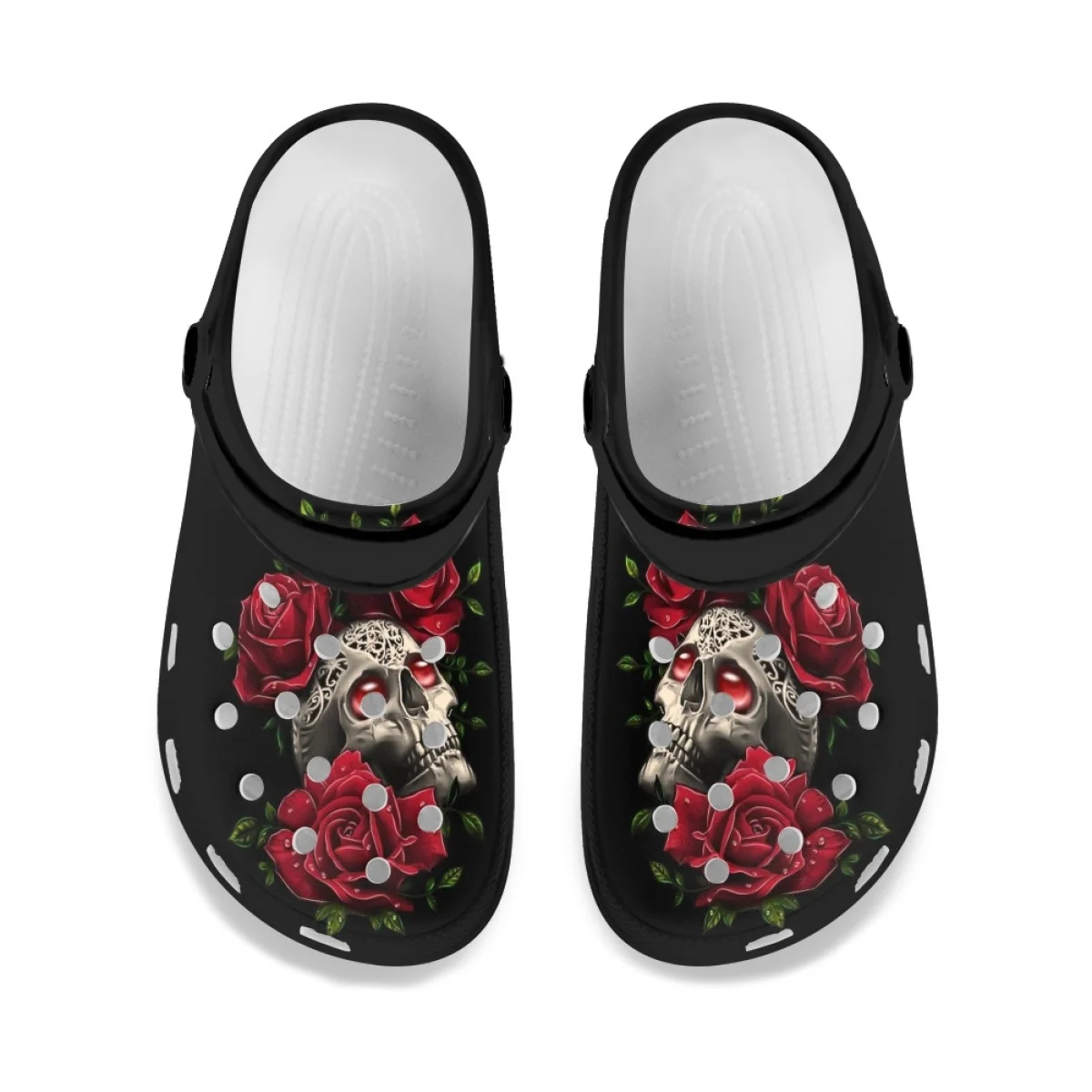 Summer Ladies Beach Slippers 3D Printing Gothic Rose Skull Lightweight Indoor Flat Hole Slippers Non-slip Casual Garden Clogs