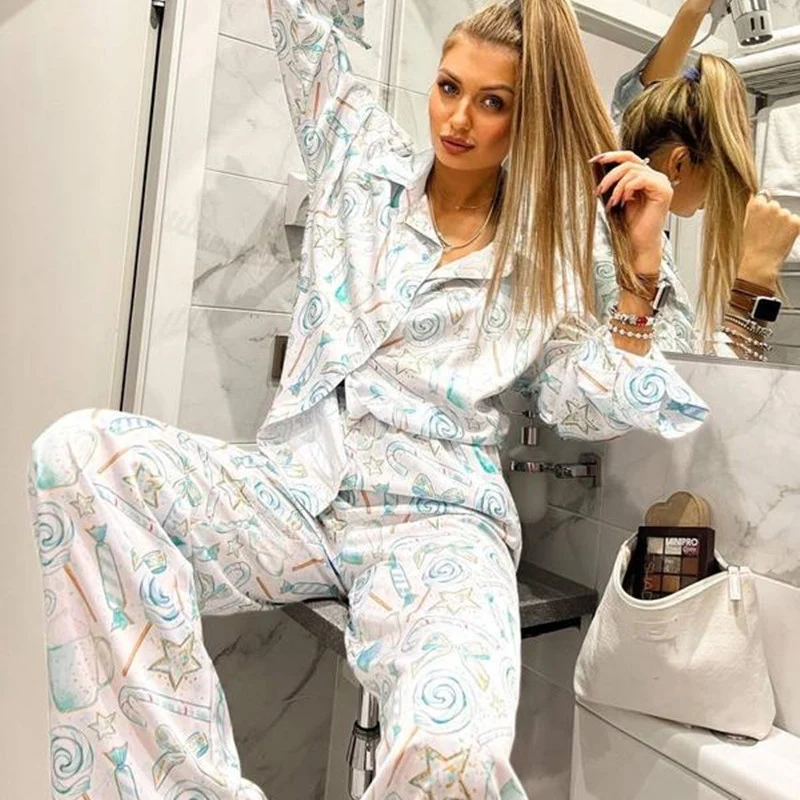 Autumn Winter Women Long Sleeve Pajamas Set Loose Lapel Blouse Shirt Homesuit Casual Print Christmas Sleepwear 2 Piece Suit 2022