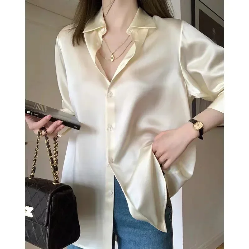 

Autumn Office-lady Satin Silk Long-sleeve Loose Shirts Fashion Women French Bottoming Tops Design Shirts Clothes Blusas 29830