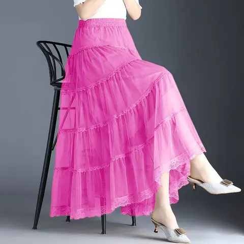 Spring Summer New Mesh Ankle-length A-line Skirt High Waist Slub Gauze Drape Multiple Colour Bright Colors Slim Women's Clothing