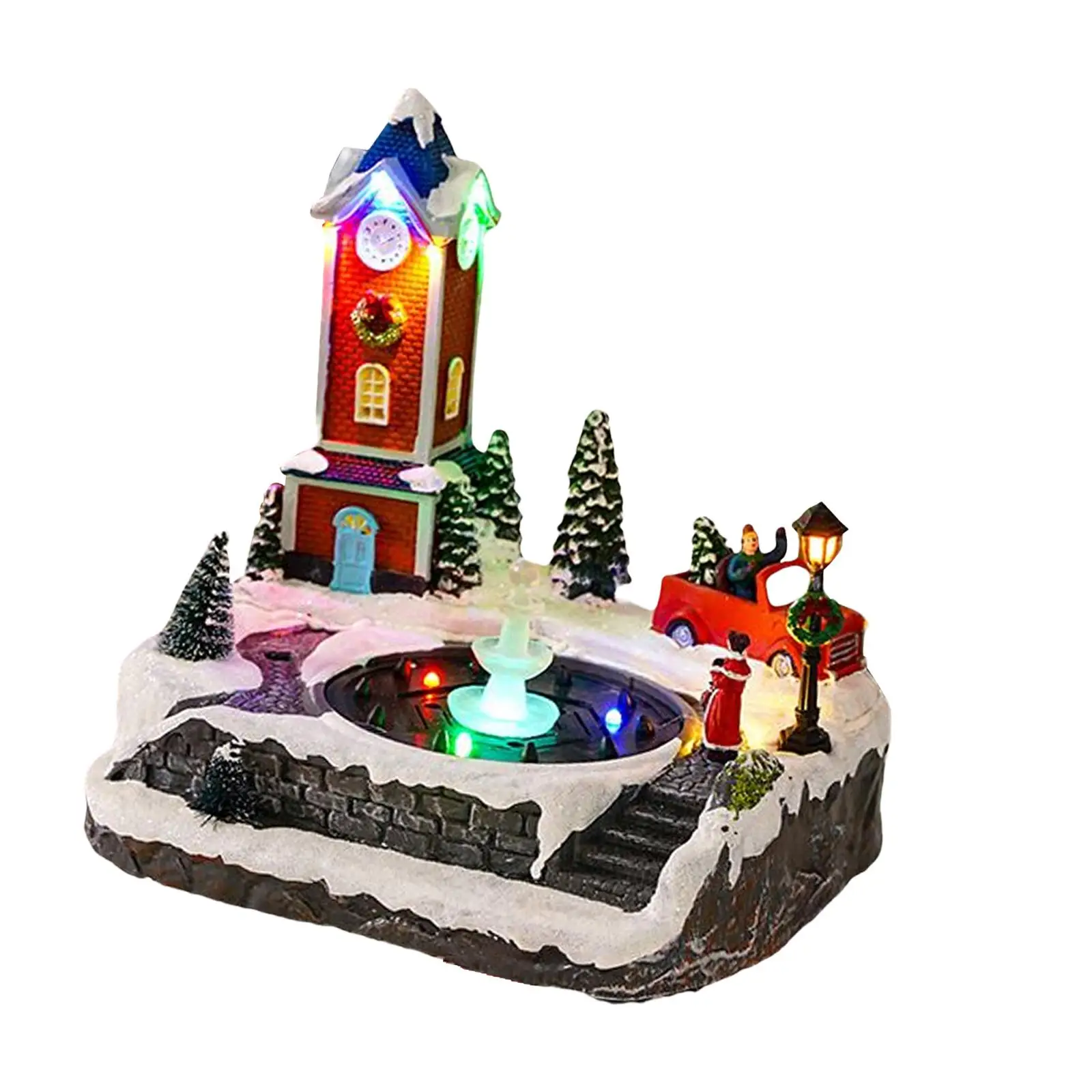 

Christmas Church Winter Scene Village House Music Fountain with Colorful Light Building Statue for Desktop Home Decor Ornament