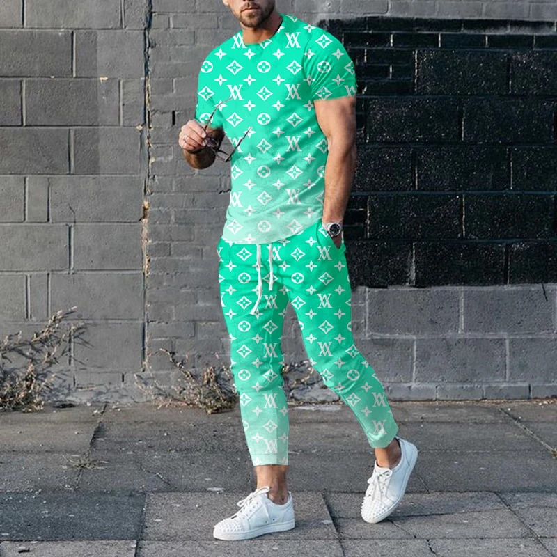 

Retro Fashion Men's New Short-Sleeved Trousers Two-Piece Set Casual Snowflake Printing Sports Jogging O-Neck T-Shirt Plus Size