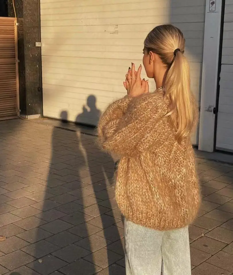 Осень 2024 новый зеленый мохеровый кардиган Женский Универсальный Свободный