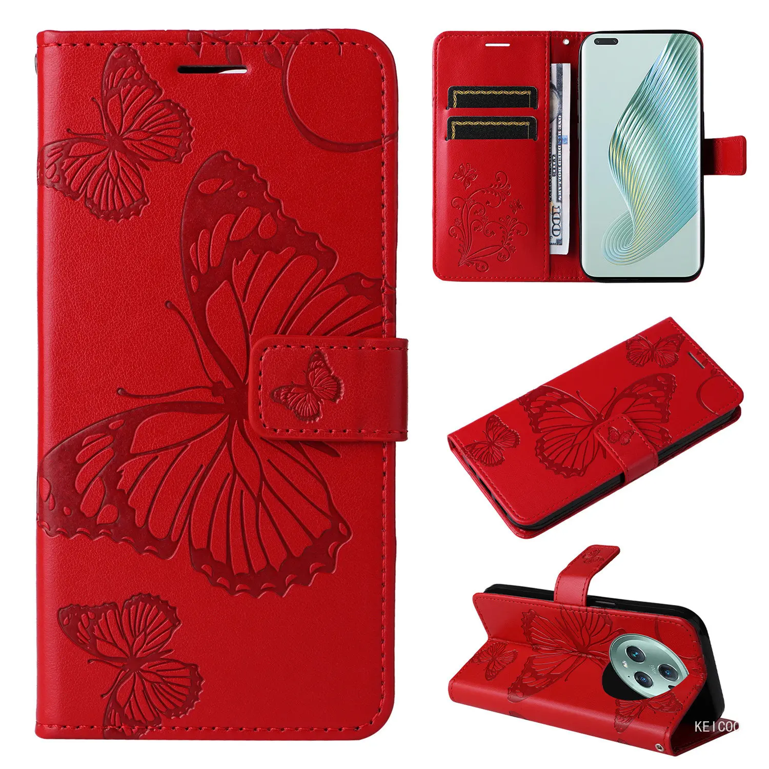 

Luxury Embossed Butterfly Cover for Huawei Honor Magic5 Magic 5 Pro PGT-AN10 Case Lanyard Card Slot Stand Holder Phone Shell