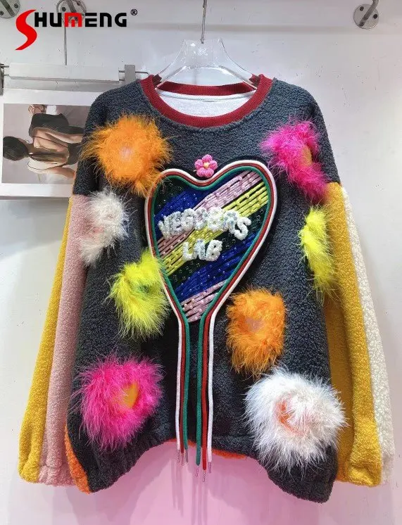 Thai Fashion 2022 Autumn Winter New Elegant Streetwear Love Fur Sweatshirt Women's Fashion Sweet Colors Fleece Loose Hoodie Top