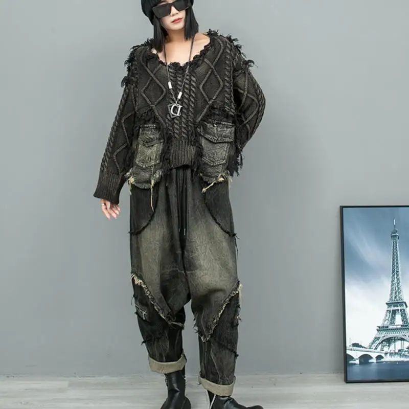 Индивидуальный Состаренный шерстяной джинсовый топ с прострочкой