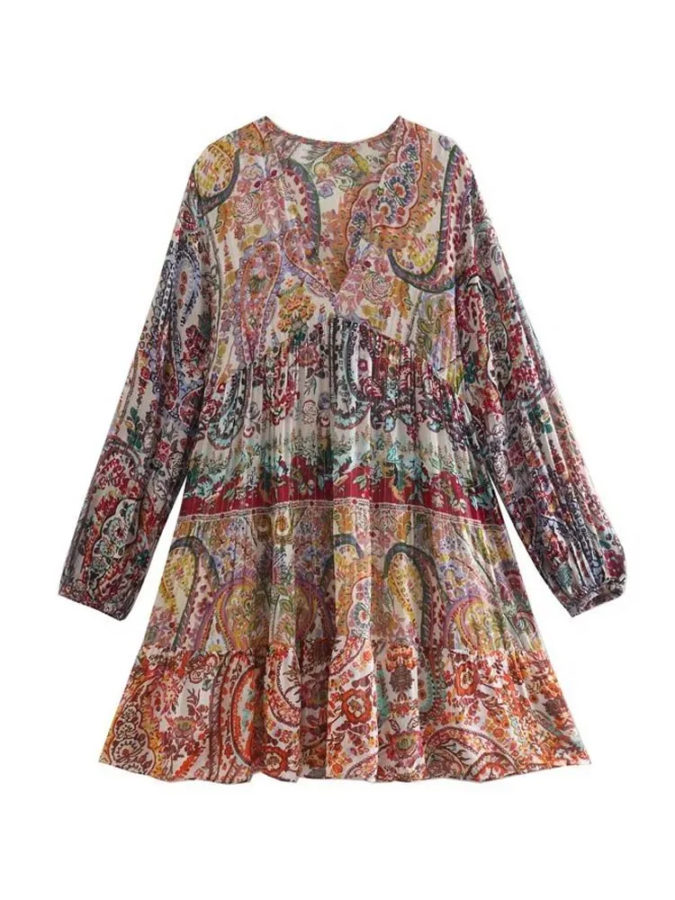 

Женское платье-мини с V-образным вырезом, длинным рукавом и винтажным принтом