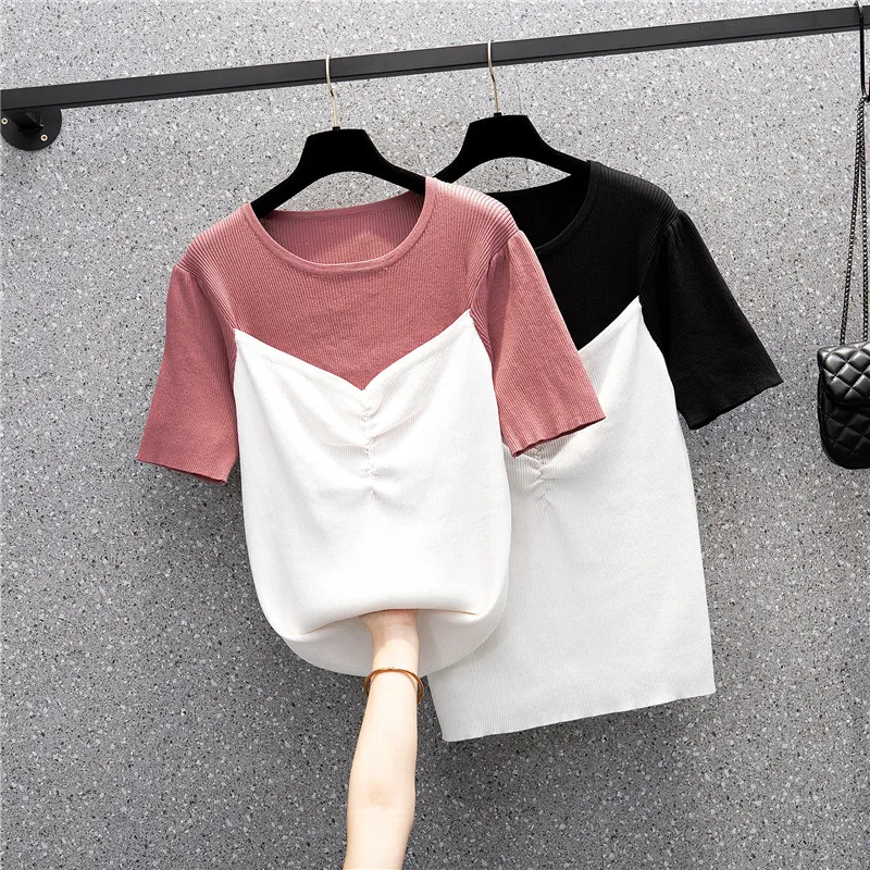 

Summer Oversized women sweater pullover 2022 short sleeve o neck Patchwork knitting T-shirt jumper casual fake two sweaters