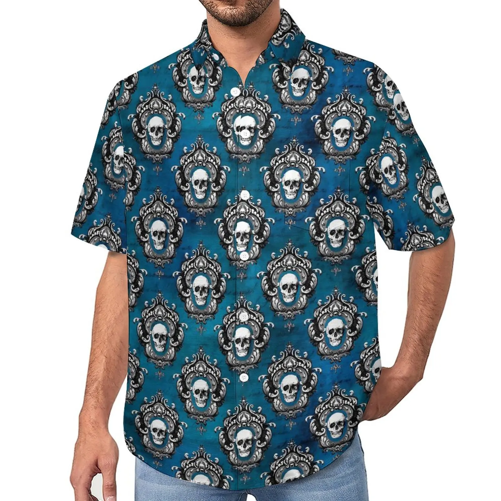 

Skeleton Print Blouses Male Gothic Skull Casual Shirts Summer Short-Sleeve Custom Trendy Oversize Vacation Shirt Gift Idea
