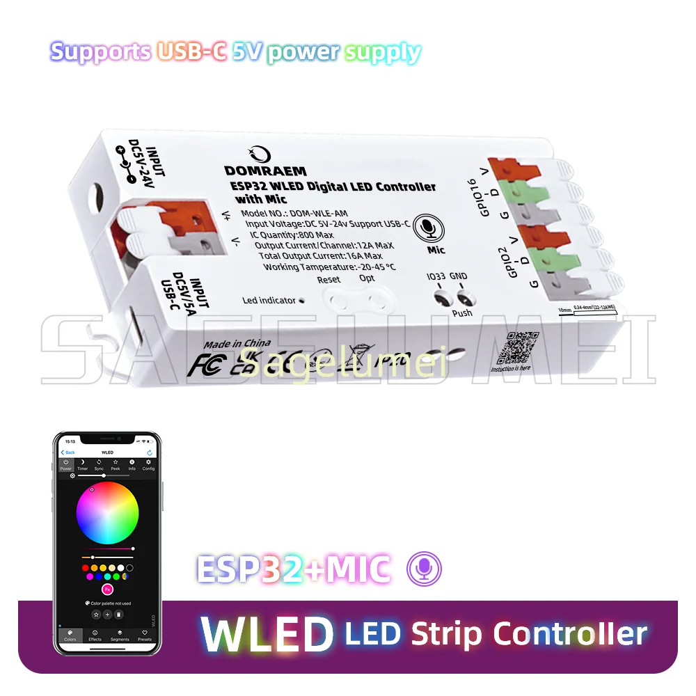 Фото DOMRAEM WLE-AM ESP32 поддерживает WS2811/2812B/2814/2805 иc работает с цифровым контроллером светодиодных лент HA/MQTT/AlexaWLED с микрофоном USB-C №1