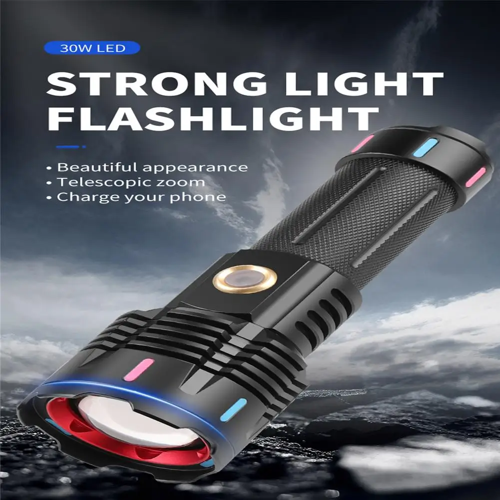 

30w Led Flashlight 5 Levels 30w Super Bright Telescopic Zoom Type-c Usb Charging Torch Hand Lantern