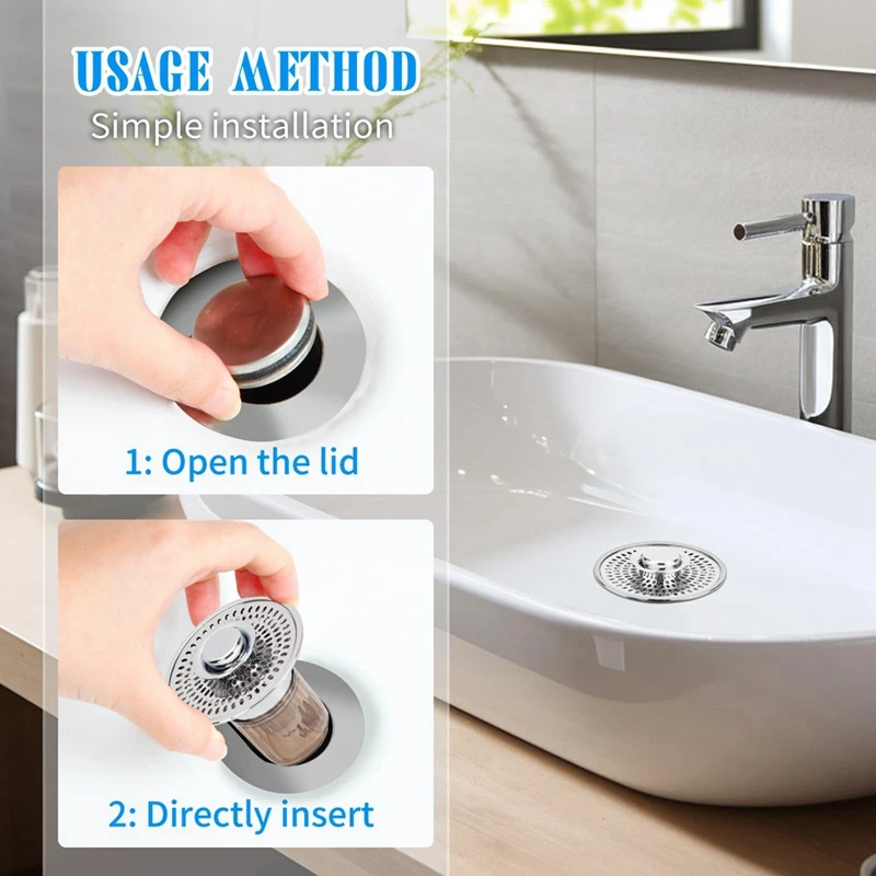 Athroom Sink Stopper And Drain Strainer 2 In 1 Catches Hair Debris Suitable For 1.34-1.46Inch Drainage Holes Durable