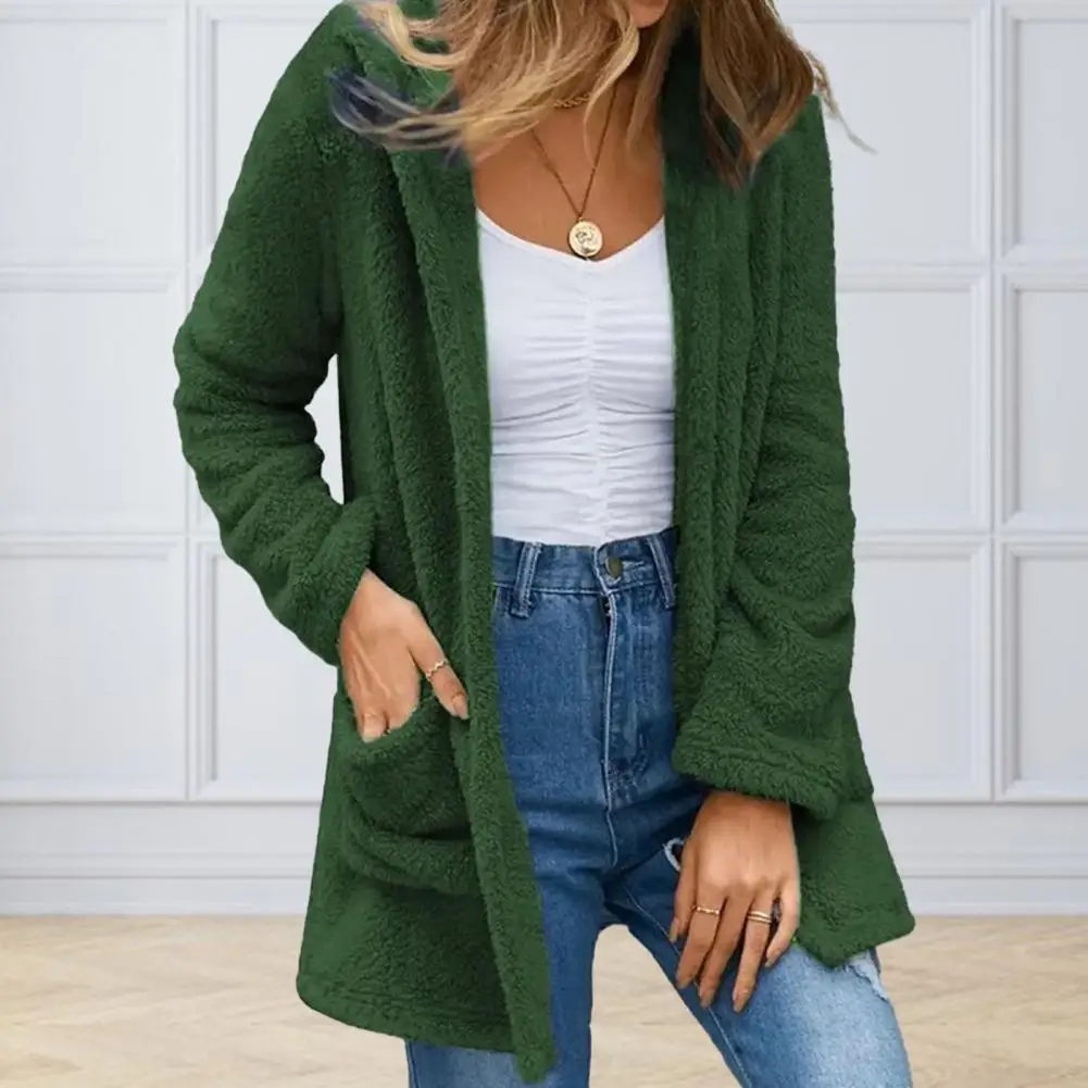 

Women Winter Coat Thick Plush Open Stitch Long Sleeve Lady Coat Soft Pockets Casual Mid Length Long Outwear