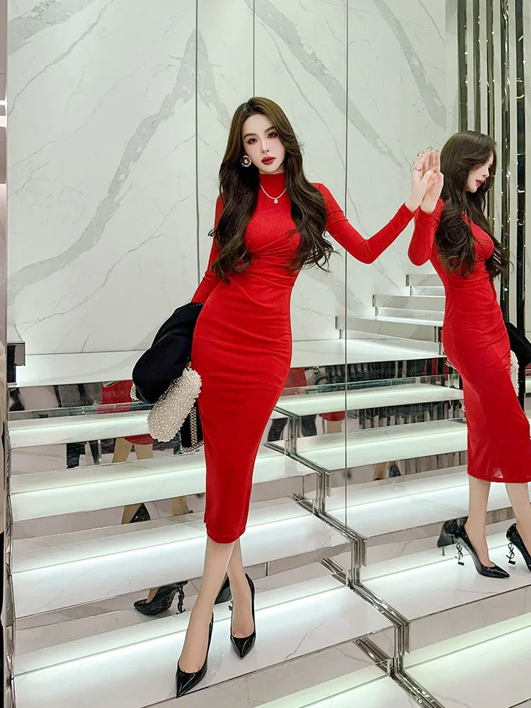 

French Stand Neck Long-sleeved Dress 2023 Spring New in Dresses Temperament Slim Elegant Luxury Long Skirt Women's Wear Inside