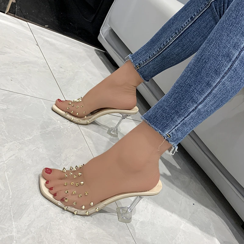 

2022 Women's Sandals New Summer Fashion Transparent Rivet High Heels All-match Comfortable Flip-flops Stiletto Female Sandals