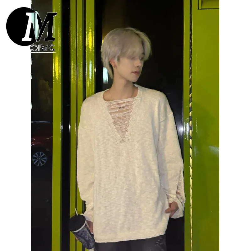 [oimg] Autumn High Street American Thin Tassel Knitted For Men And Women Couple With Broken Hole Loose Sweater