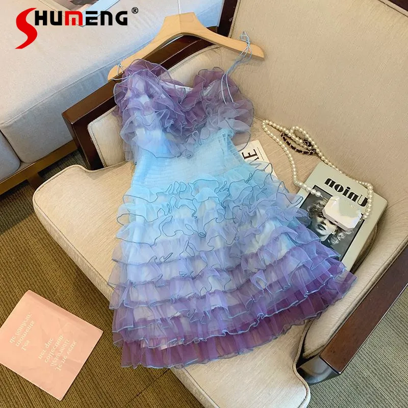 

2022 New Summer Woman Sleeveless Short Slip Dress Party Fairy Puffy Off Shoulder Rainbow Cake Costume Gauze Dresses for Women