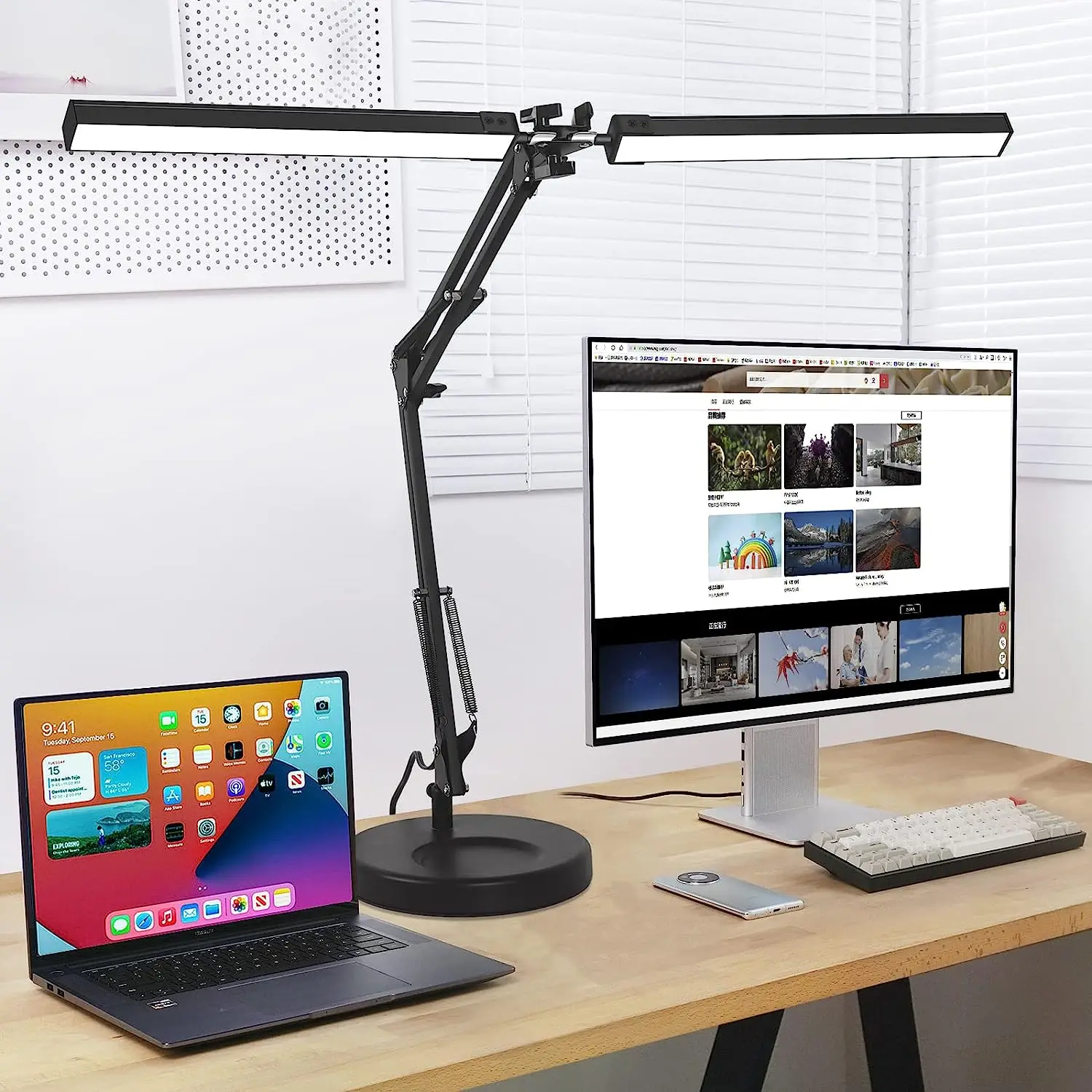 

LED Desk Lamp with Clamp and Round Base Eye Caring Table Lamp with Swing Arm 3 Color Mode Studying Lamp for Office/Study/Working