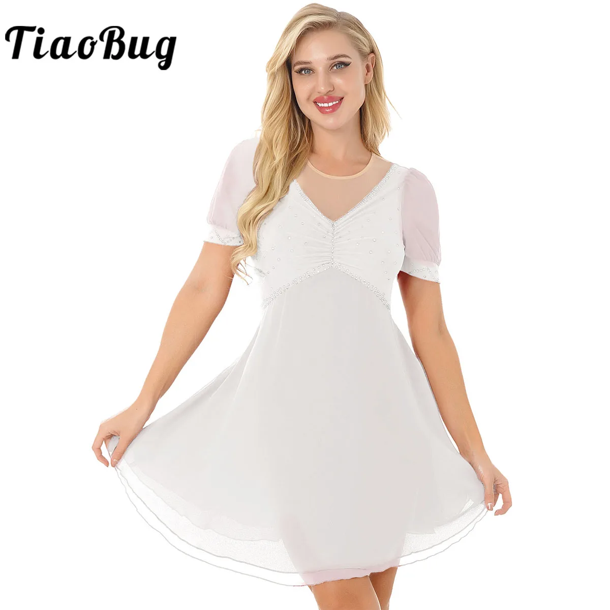 

Women Ballet Dress Rhinestone Short Sleeve Ballet Gymnastics Leotard Dancewear Chiffon Skirted Bodysuit Performance Clothes