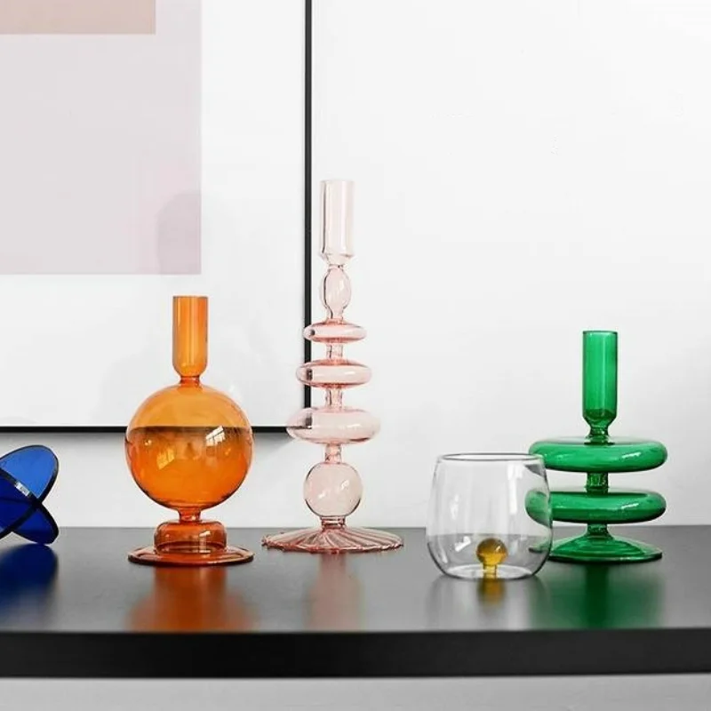

Handmade Colored Vintage Glass Candlestick Candle Holders Romantic Dinner Decoration for Home Wedding Taper Candle Holder Gift