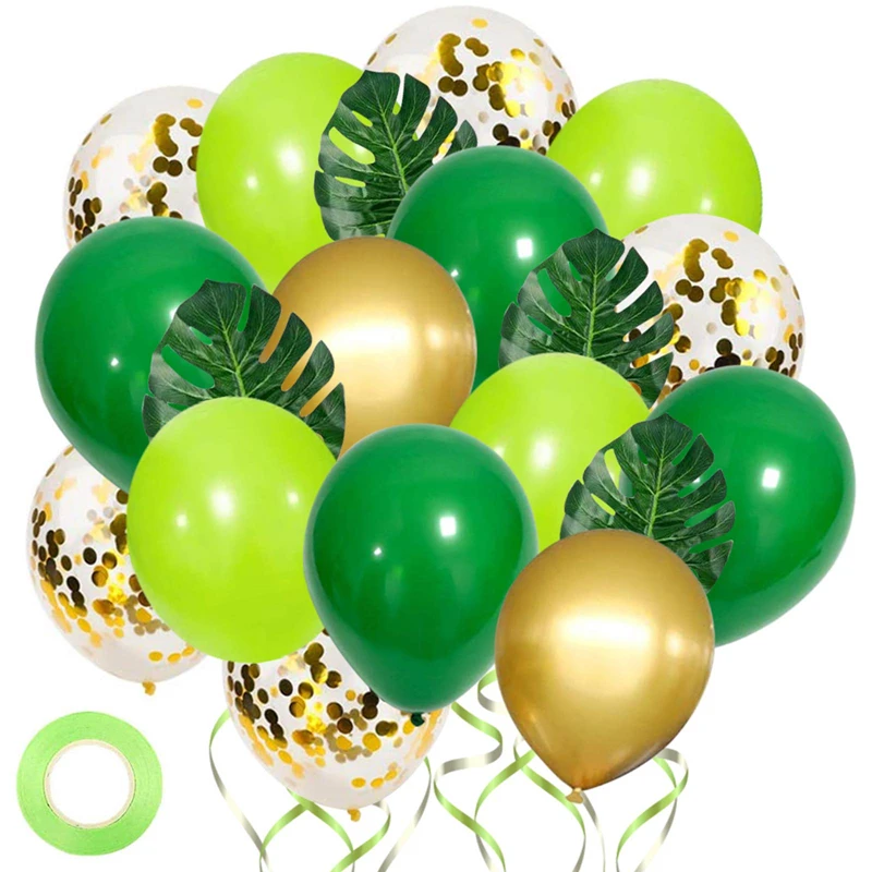 

50pcs Green Gold Confetti Balloons with Palm Leaves for Kids Boys Birthday Baby Shower Jungle Safari Wild Party Theme Decoration