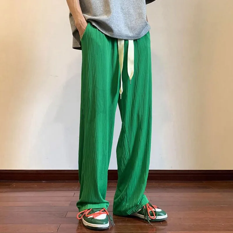 

2022 Summer Pleated Pants Men Fashion Casual Wide-leg Pants Streetwear Korean Loose Straight Silk Pants New Male Trousers