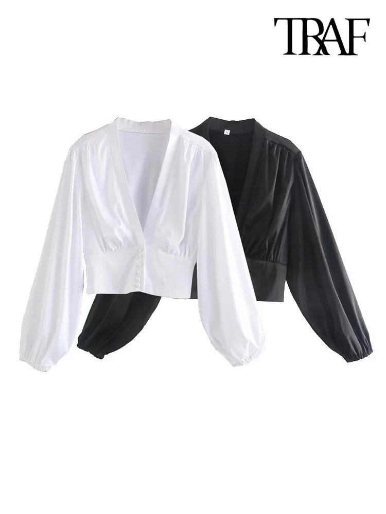 

TRAF Women Fashion With Buttons Pleated Cropped Blouses Vintage Long Sleeve Fitted Female Shirts Blusas Chic Tops
