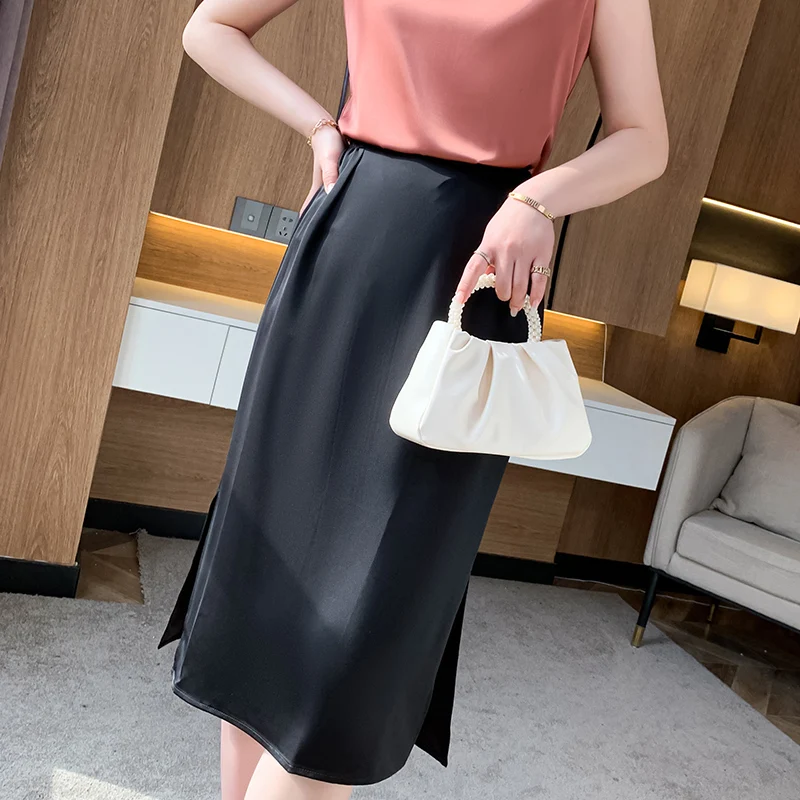 

Satin Silk Ladies Fishtail Skirt High-End Acetic Acid Skirt High Waist Thin Solid Color Slit Skirt Summer Workplace All-Match