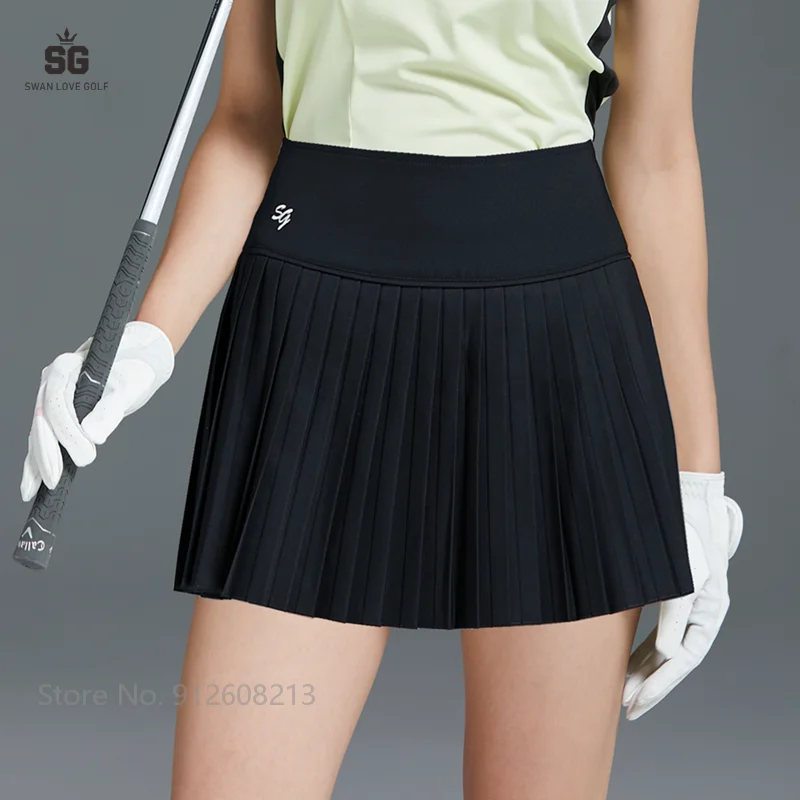 Swan Love Golf Women Shirt Summer Ice Silk Sunscreen Long Sleeve Printed T-shirt Pleated Skirt High Waist Skorts Clothing Sets