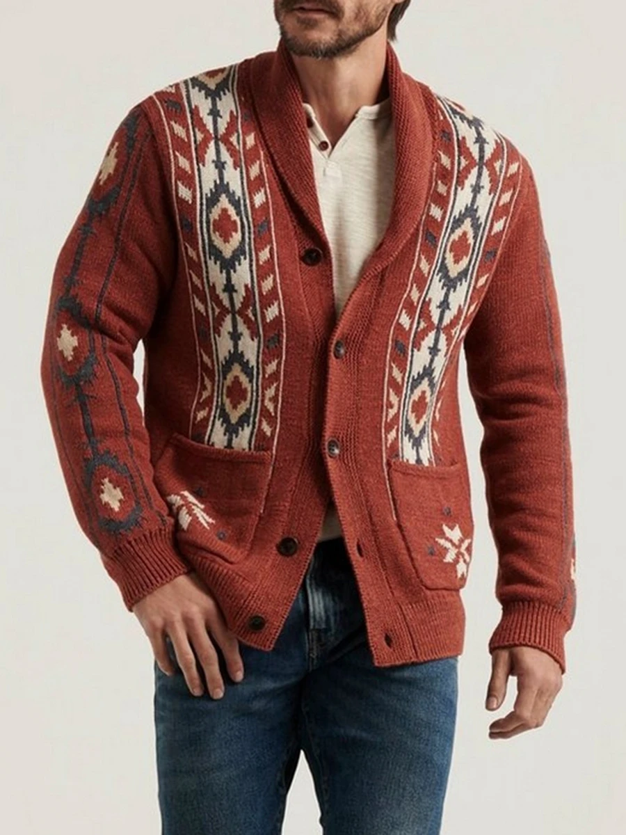 Мужской трикотажный кардиган на пуговицах с V-образным вырезом и длинными