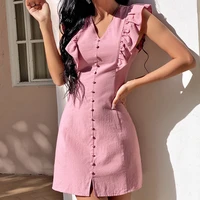 summer elegant dress women sexy mini dress sleeveless v neck dresses vintage buttons ruffle dresses office lady pink dress 2021