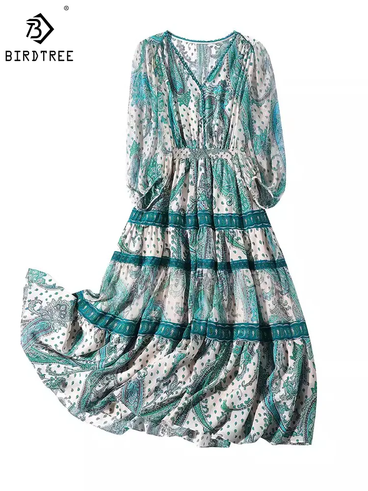 

Birdtree 100% шелк тутового шелкопряда Элегантные платья Пейсли Бисероплетение v-образным вырезом рукав 3/4 вечерние платье для пляжа и отпуска для женщин D39957QM
