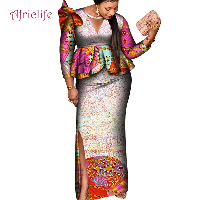 

Африканские костюмы для женщин, комплект из двух предметов с белой кружевной отделкой, Топ с длинным рукавом и V-образным вырезом, вечерние п...