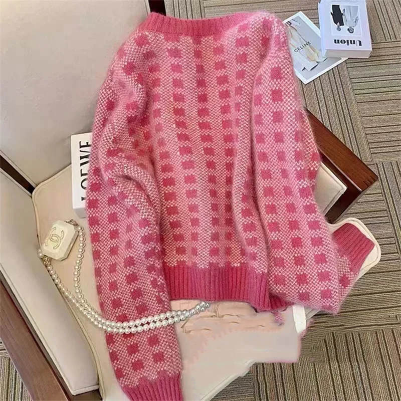 Корейская одежда Dongmen модные женские свободные трикотажные свитера в клетку с