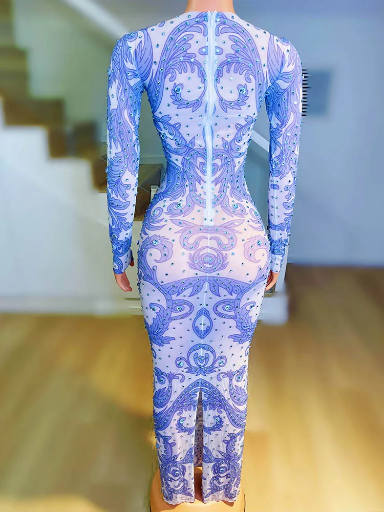 High Quality Rhinestone Elastic Printed Dress 2024 New Fashion Custom Women'S Clothing