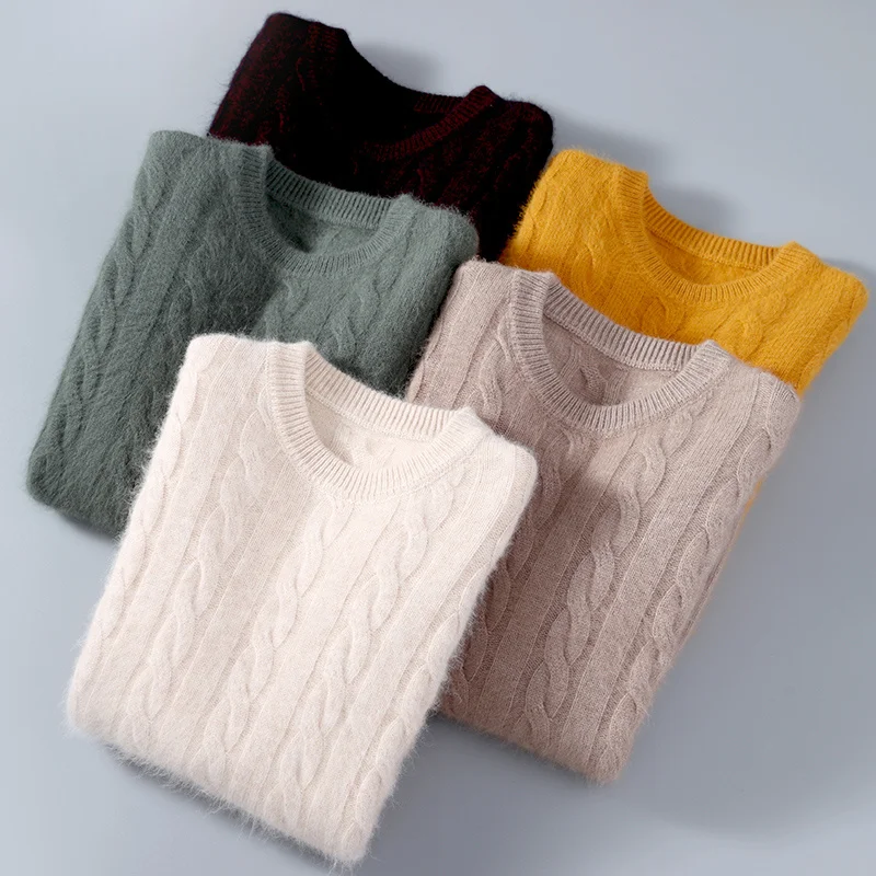 

Fashion Men's Clothing Autumn and Winter Extra Thick Pure Mink Cashmere Sweater Full Body Twist Knitted Pullovers Crew Neck Tops