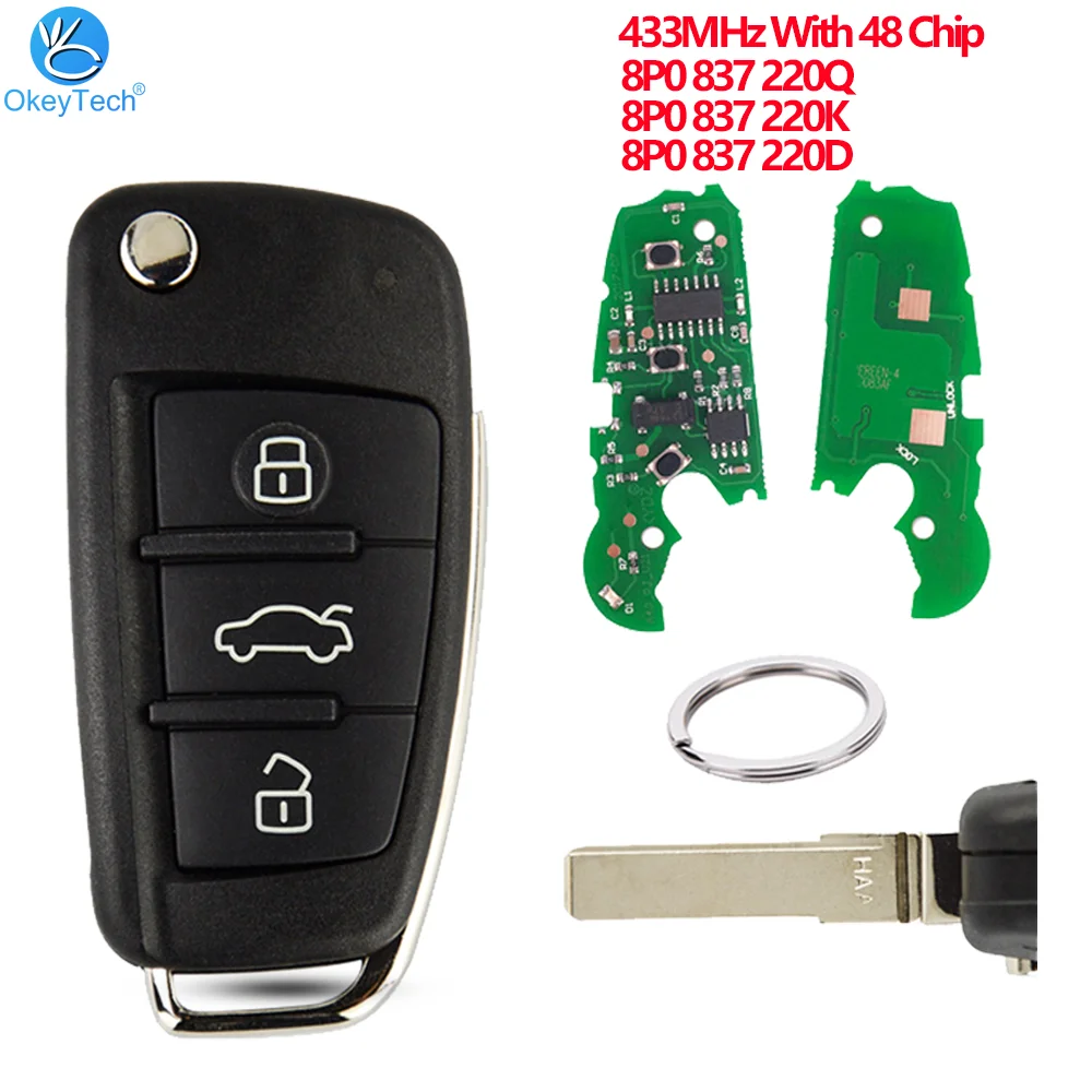 OkeyTech Car Remote Key For Audi A3 S3 TT A4 S4 2005-2013 Years Part Number 8P0837220D 434Mhz 48 Chip Auto Smart Control Key