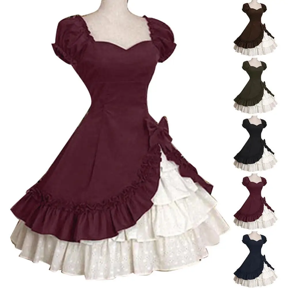 

Hot Sales Lady Retro Falbala Large Swing Bowknot Medieval Lolita Dress Cosplay Costume