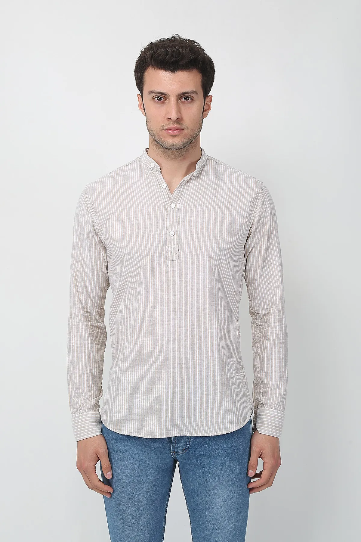 Therapy Men Men 'S Crew Neck Long Sleeve Half Patlı Linen Shirt 21K-4300575-02 Beige