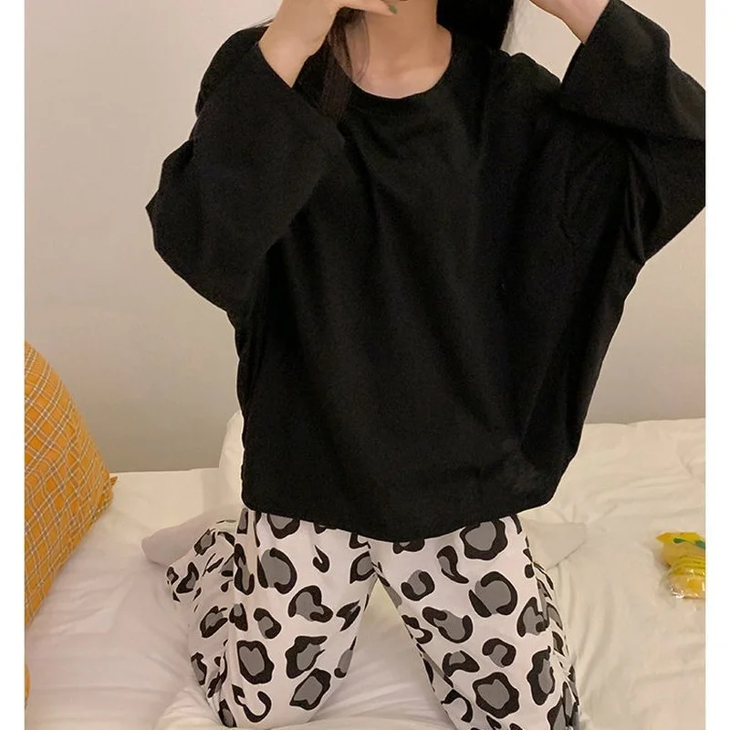 QWEEK Autumn Women's Clothing Solid Color Black Top Leopard Print Pants Pajamas Bedroom Set Girls Home Clothes Pijamas Pyjamas