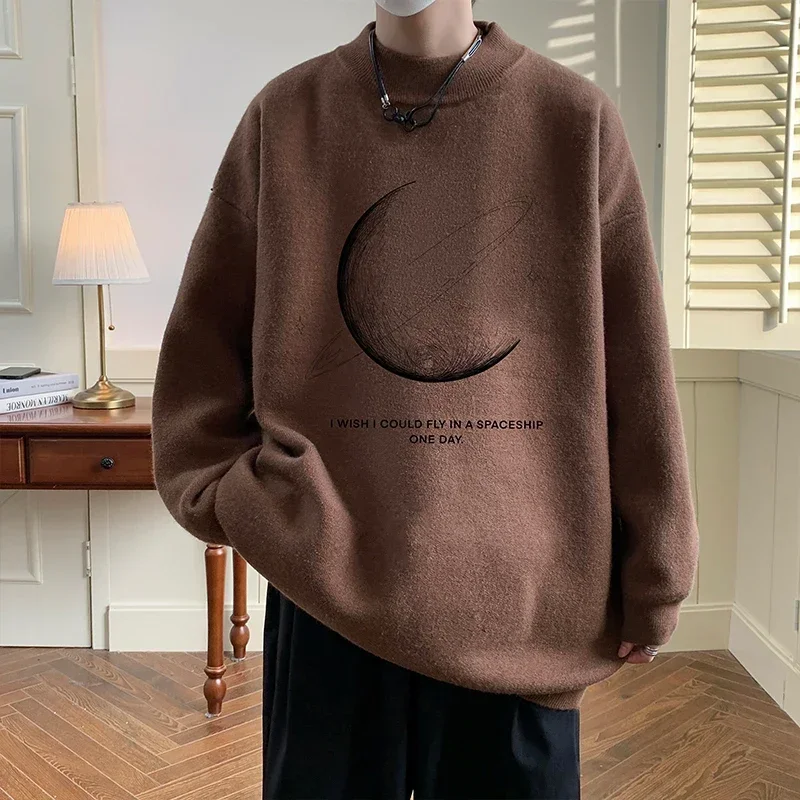 Мужской Свитер оверсайз белый осенний вязаный свитер 5XL Забавный принт Луны