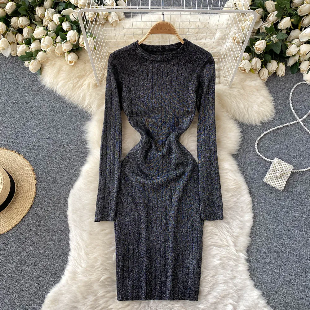 

Autumn Winter Sexy Bodycon Knitted Dress Design Shiny Lurex Sweater Dress Women Retro Long Sleeve Elastic Slim Dress